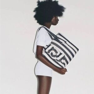 Zara Quilted Shopper Tote Black and Ivory Striped with Maxi Bow